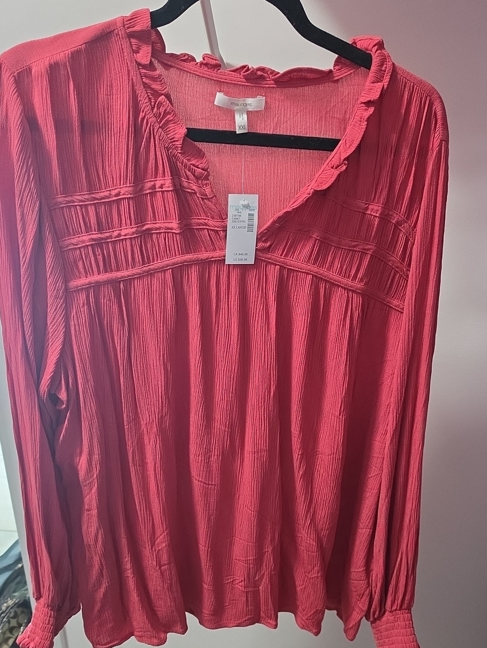 Maurices Coral Red Ruffle V-Neck Pintuck Blouse